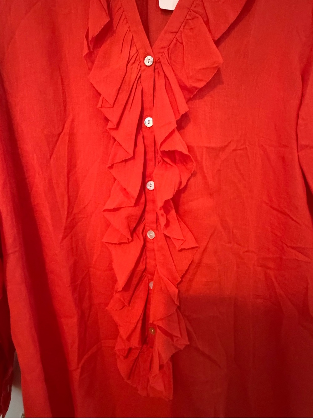 Red Ruffle Front Button-Down Tunic Dress - Picture 2 of 15